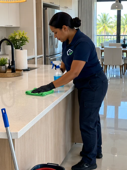 Limpieza de una cocina moderna con guantes y paño de microfibra