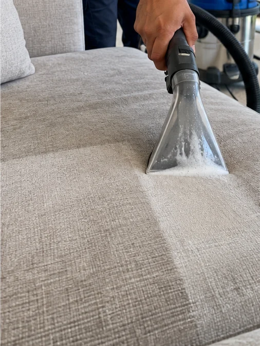Lavado profundo de un sofá de tela con máquina de extracción